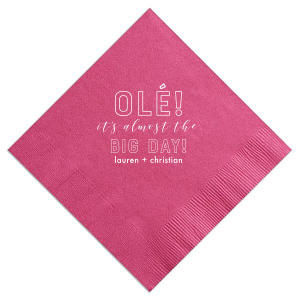 Spice up your pre-wedding celebration with the Olé Big Day Napkin. Featuring a spirited "Olé" in vibrant script, this fun and festive design captures the excitement and joy leading up to the big day. Perfect for adding a splash of fiesta to any event!