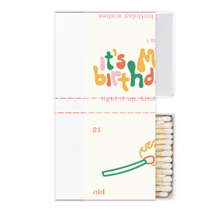Celebrate your birthday with a funky custom matchbox! This full color design features a groovy font, a modern match drawing, and space to customize your name.