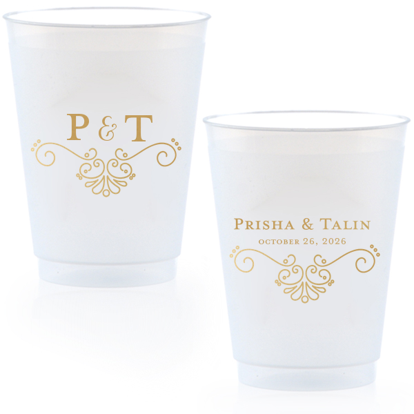 Sip in style with the Elegant Flourish Wedding Cup, where modern meets vintage in a curvy French flourish. Initials entwine with a swirly ampersand, while names and date sit elegantly above the same sophisticated swirl, toasting to timeless romance.