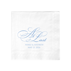 Mark the culmination of your love story with the Formal Script At Last Wedding Napkin. "At Last," in a sweeping, ornate, script, complemented by the couple's names and date, makes a grand statement for a long-anticipated wedding celebration.