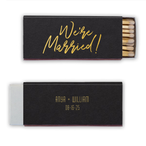 Shout from the rooftops with the We're Married Script Matchbox design, where 'We're Married!' is boldly scripted on the front, exuding pure happiness. On the reverse, the couple's names and wedding date in sleek block print add a stylish touch, perfectly embodying the excitement of the big day.