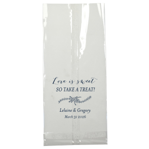 The Love is Sweet Rose Flourish Bag is a delightful token of gratitude for any celebration. Adorned with the heartfelt phrase "Love is Sweet, So take a Treat!" and a graceful rose garland, it's personalized with the couple's names and date, offering a charming way to share joyous treats.