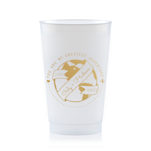The ever-popular Gold Ink 10 oz Frost Flex Cup with Gold Ink Cup Ink Colors has a World Badge graphic and is good for use in Wedding, Baby Shower, Travel themed parties and will impress guests like no other. Make this party unforgettable.