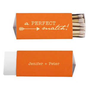 The Arrow Matchbox embodies the thrill of a perfect pairing, featuring a dynamic right-facing arrow that zeroes in on the word 'MATCH' with playful precision. The couple's names on the reverse side add a personalized touch, making these matches a hit for any love-struck celebration.