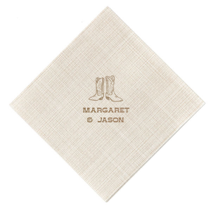 Step into matrimonial bliss with the Cowboy Boots Union Napkin, personalized with the couple's names beneath a charming graphic of a pair of cowboy boots. A perfect touch for a wedding with rustic charm or country flair.