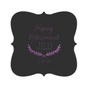 ForYourParty's chic Silver with Black back Nouveau Coaster with Satin Plum Foil Color has a Branch Frame 2 graphic and is good for use in Floral themed parties and will make your guests swoon. Personalize your party's theme today.