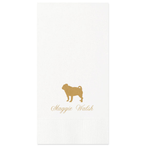 The Pug Love Dog Celebration Napkin charmingly celebrates pet love with a bold silhouette of a pug, symbolizing the owner's affection for their furry friend. This is complemented by the celebrant's name, elegantly scripted below, creating a blend of fun and sophistication in this unique design.