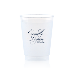 The Elegant Swirl Script Names Cup showcases the couple’s names in a fancy, swirling script, elegantly intertwined for a sophisticated touch. Stacked artistically, this design radiates elegance, adding a uniquely graceful accent to any celebration.