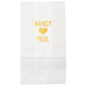 Celebrate a union with the Heart-Linked Names Gift Bag, a charming token for guests. This design boldly features a couple's names in all caps, intimately linked by a solid heart, symbolizing their love. The straightforward yet profound design is a perfect memento for guests to remember the special day by. Simple, elegant, and full of meaning, this bag is ideal for distributing wedding favors or treats.