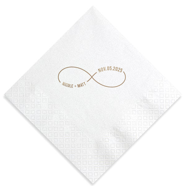 Show your partner your infinite love with this infinity sign napkin. This minimalist party accessory is perfect for celebrating your wedding day. Customize this personalized napkin with your name and date of event. 