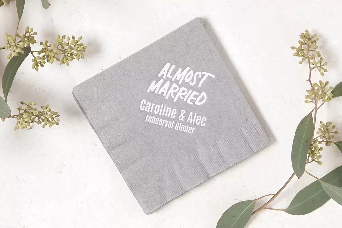 grey "Almost Married" cocktail napkins are perfect for rehearsal dinners