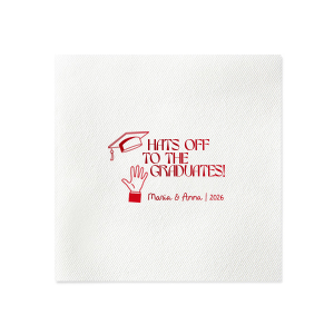 Applaud the new graduate with the Hats Off Graduation Cheer Napkin, emblazoned with a celebratory hand tossing a graduation cap and the phrase "Hats off to the graduate," personalized with the graduate's name and year. A perfect addition to any graduation festivity.