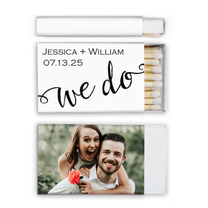 The ever-popular White Classic Custom Photo Matchbox with Matte Black Ink Digital Print Colors and Matte Fuchsia Ink Digital Print Colors has a We Do 3 graphic and is good for use in Wedding, Words themed parties and will add that special attention to detail that cannot be overlooked.