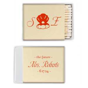 Pearls of Possibilities. Embrace the future with Pearl Oyster Bridal Shower Matchbox. Featuring the bride and groom’s initials with an elegant open oyster and pearl, this design captures the beauty of life's hidden treasures. On the reverse, the words "The Future" and the soon-to-be married name symbolize the exciting journey ahead. A beautiful nod to new beginnings and endless possibilities.