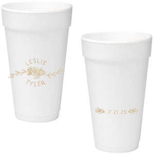 Our custom Gold Ink 16 oz Styrofoam Cup with Gold Ink Cup Ink Colors has a Peony Flourish 2 graphic and a HandWreathRSVP graphic and is good for use in Lovely Press themed parties and can be customized to complement every last detail of your party.