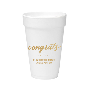 Our beautiful custom Gold Ink 20 oz Styrofoam Cup with Gold Ink Cup Ink Colors has a Congrats graphic and is good for use in Words, Hearts, Wedding themed parties and can be personalized to match your party's exact theme and tempo.