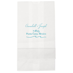 "Embrace the seaside spirit with the Beach Wave Gift Bag featuring a sleek wave design. Personalize with three lines of text to conjure the ocean's rhythm, creating a breezy, bespoke gift experience for your beach-themed celebration.