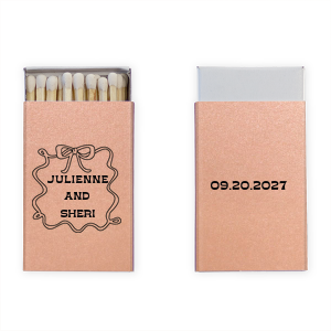 Illuminate your special occasion with the Bows and Vows Frame Matchbook, elegantly presenting the couple's names surrounded by a sophisticated bow and ribbon frame. A stunning keepsake for weddings, engagement parties, or anniversaries.