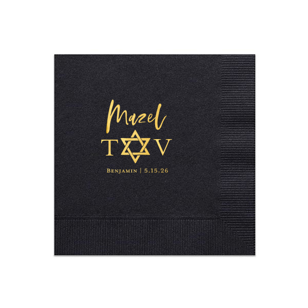 Our personalized Black Cocktail Napkin with Shiny 18 Kt Gold Foil has a Star 1 graphic and is good for use in Stars, Jewish Symbols themed parties and will add that special attention to detail that cannot be overlooked.