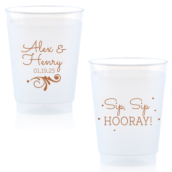ForYourParty's personalized 12 oz Frosted Plastic Cup with Copper Ink Cup Ink Colors has a Decorative Flourish graphic and is good for use in Engagement, Bridal Shower and Wedding themed parties and couldn't be more perfect. It's time to show off your impeccable taste.
