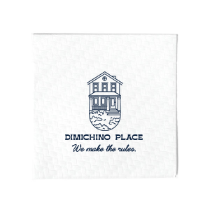 Lay down the law of the land at your housewarming with the Home Rule Maker Napkin, featuring "We make the rules" beneath a minimalistic modern house graphic, with your chosen name or street in a crisp, modern block font. A statement piece for your new home's debut.