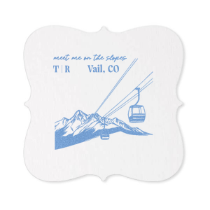 Enjoy the sight of the slopes anywhere with the Meet Me At The Slopes Coaster. The scenic design evokes the natural beauty of wilderness, perfect for sporty or outdoor themed events. Paired alongside customizable text, the design is easy to personalize for your next big party event.