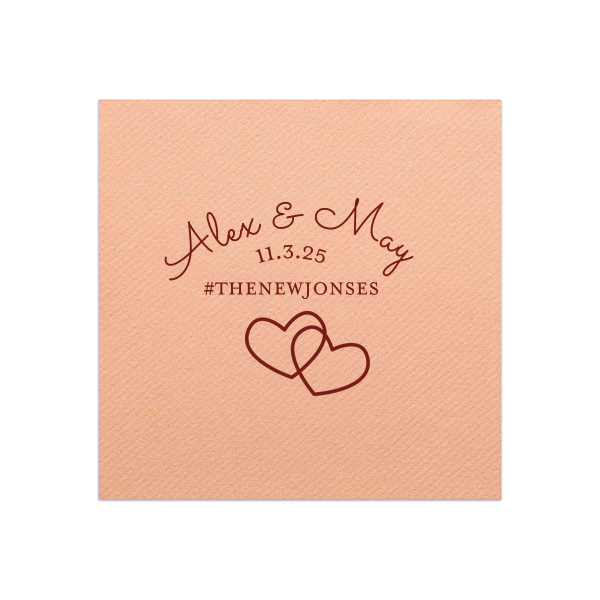 Custom Marble Blush Cocktail Napkins - 2 Color with Matte Merlot Foil and Satin 18 Kt. Gold Foil has a Interlocked Hearts graphic and is good for use in Hearts, Pairs, Wedding themed parties and can be personalized to match your party's exact theme and tempo.
