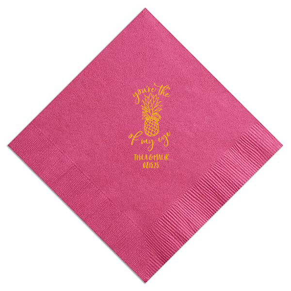 Custom Fuchsia Cocktail Napkin with Matte Sunflower Foil has a Pineapple Tiki graphic and is good for use in Food, Beach/Nautical themed parties and will add that special attention to detail that cannot be overlooked.