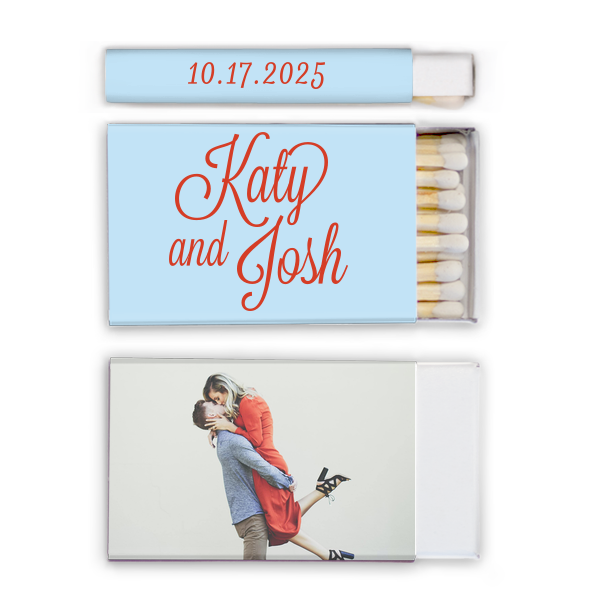 Capture love’s spark with the Love Snapshot Photo Matchbox. It features the couple’s names in a fun, flirty script on the front. The back displays a playful photo of the couple, radiating their shared joy. The celebration date adorns the side, making this matchbox a memorable keepsake of their special day. This design invites couples to choose a beloved photo to personalize their own matchbox, adding a unique and intimate touch to their wedding celebration.
