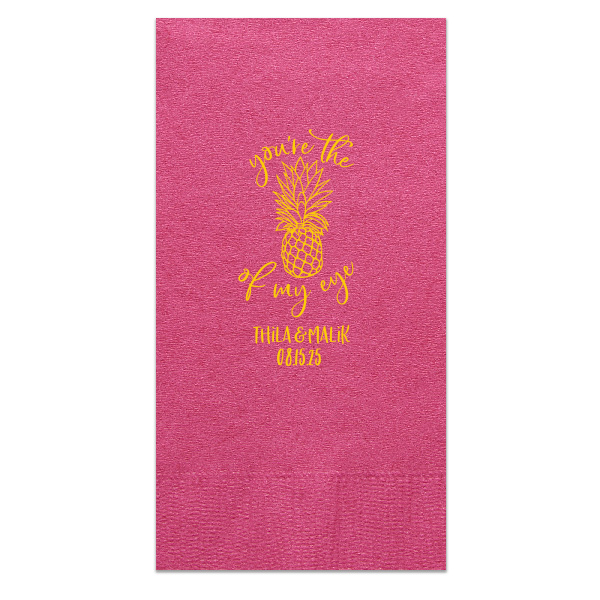 Custom Fuchsia Cocktail Napkin with Matte Sunflower Foil has a Pineapple Tiki graphic and is good for use in Food, Beach/Nautical themed parties and will add that special attention to detail that cannot be overlooked.