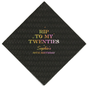 Commemorate a milestone birthday with the New Decade Starburst Napkin, personalized with the honoree's name and the dawn of a new era. Featuring "RIP to my twenties" or your custom age farewell, this napkin is sprinkled with celebratory stars, perfect for commemorating the next fabulous decade.