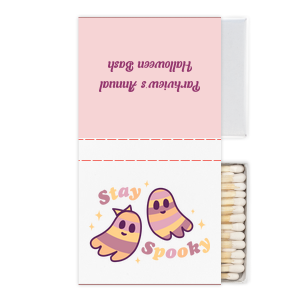 Strike up a good time with our Groovy Ghost Stay Spooky Match box. The pastel pink coloring provides a cute backdrop for two adorable BFF ghosts. Perfect for cozy evenings lighting candles to cuddle up.