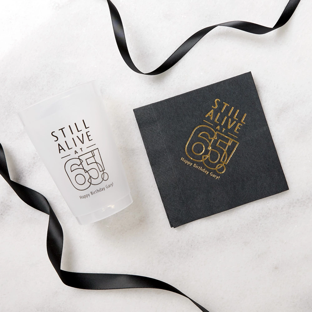Custom design your cocktail napkins and frosted cups for your milestone birthday party