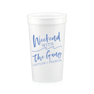 ForYourParty's elegant White 16 oz Stadium Cup with Matte Periwinkle Ink Cup has a Wave Flourish graphic and is good for use in Beach/Nautical, Accents themed parties and can be personalized to match your party's exact theme and tempo.