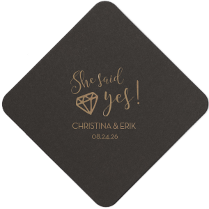 ForYourParty's elegant White Square Coaster with Shiny Champagne Foil has a Diamond graphic and is good for use in Wedding, Bridal Shower themed parties and can be customized to complement every last detail of your party.