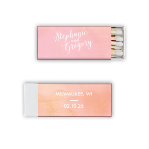 Celebrate love's union with the Wedding Couple Script Matchbox design, where the couple's names are elegantly inscribed in a flowing, sophisticated script. Complemented by a chic, modern backdrop featuring the wedding city and date, it's a perfect match of classic charm and contemporary style.