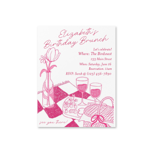 Make a colorful first impression with the Birthday Brunch Invitation. Featuring hand drawn artwork of a springtime picnic outing, the invitation is perfect for birthdays, bridal showers, housewarming and other such occasions. with easy customization options you are able to create a bespoke and welcoming invitation. 