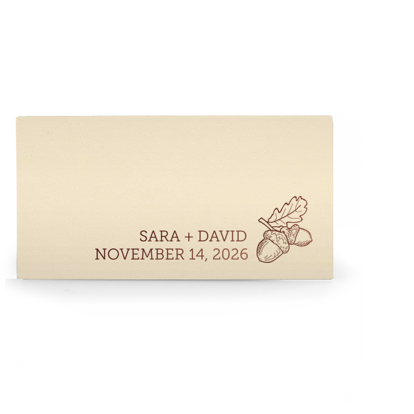 ForYourParty's personalized Natural Ivory Regal Place Card with Shiny Merlot Foil has a Acorns graphic and is good for use in Floral, Thanksgiving, Adventure and Wedding themed parties and will make your guests swoon. Personalize your party's theme today.