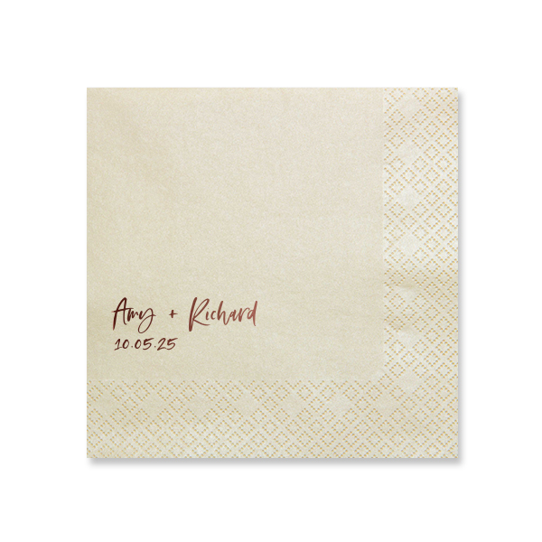 Elegance swirls with celebration in the Swirly Script Name Napkin. With the couple's names dancing in graceful loops above a date stamp of love, this napkin doesn't just wipe spills—it whispers sweet memories of the day you said 'I do.' Make your soirée unforgettable!