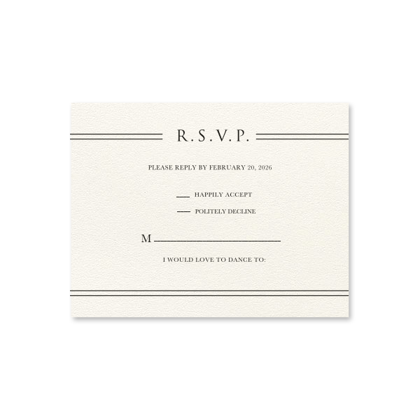 Custom Lettra Pearl White 110lb Letterpress RSVP Card with Black Ink Letterpress Inks can't be beat. Showcase your style in every detail of your party's theme!