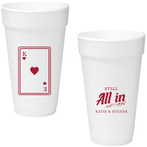 Celebrate lasting love with the Playing Card Still All In Anniversary Cup. One side adorns a hearts playing card graphic, personalized with your initials. The other side is inscribed with "Still All In," alongside the celebratory year and the couple's names, symbolizing a winning hand in marriage.
