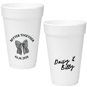 Celebrate the perfect pairing with the Better Together Bow Wedding Cup, featuring the couple's names in a romantic script and the wedding date, complemented by "Better Together" alongside a charming bow illustration. A sweet toast to unity and love on your big day.