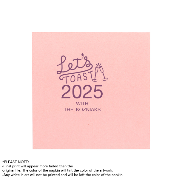 Our custom White Ink Printed Cocktail Napkin with Matte Eggplant Ink Digital Print Colors has a Let's Toast graphic and is good for use in Holiday and New Year's themed parties and will add that special attention to detail that cannot be overlooked.