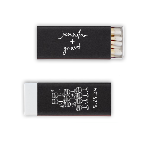  Light up the night with the Kitschy Cocktail Hour Toasting Glasses Matches, a whimsically modern addition to your wedding day. Each matchbox, personalized with the couple's names in a hand-drawn-inspired script, flips to reveal a contemporary line drawing of a wine glass pyramid and the date, perfect for commemorating your toast to forever.