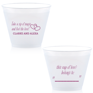 Create wedding details so perfect, they're magical. Customize this plastic cup for wedding barware that can double as a personalized party favor! Our Interlocking Hearts graphic will fit any theme. Simply choose your colors and add your names.