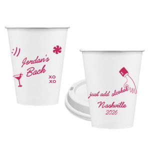 Add a splash of fun to the festivities with the Sassy Spirits Bachelorette Cup, personalized with the bride-to-be's name in script, and adorned with playful symbols like "XOXO," a martini glass, and a smiley face. The flip side's "Just add alcohol" mantra and hand line drawing, customizable with your party's location and date, promise a night of merriment and memories.