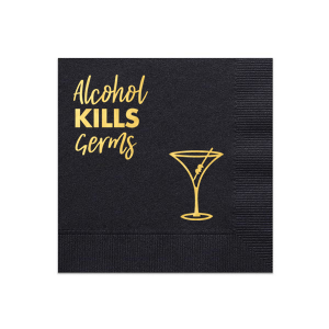 Elevate your bar's atmosphere with the Alcohol Kills Germs Funny Humor Napkin, featuring a playful martini glass illustration. Its lively mix of script and block lettering adds a splash of humor, perfectly capturing the essence of fun and sociable gatherings.