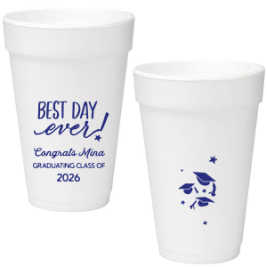 The ever-popular Matte Light Coral Ink 12 oz Styrofoam Cup with Matte Light Coral Ink Cup Ink Colors has a Best Day Ever graphic and a Caps Thrown graphic and is good for use in Graduation themed parties and can be personalized to match your party's exact theme and tempo.