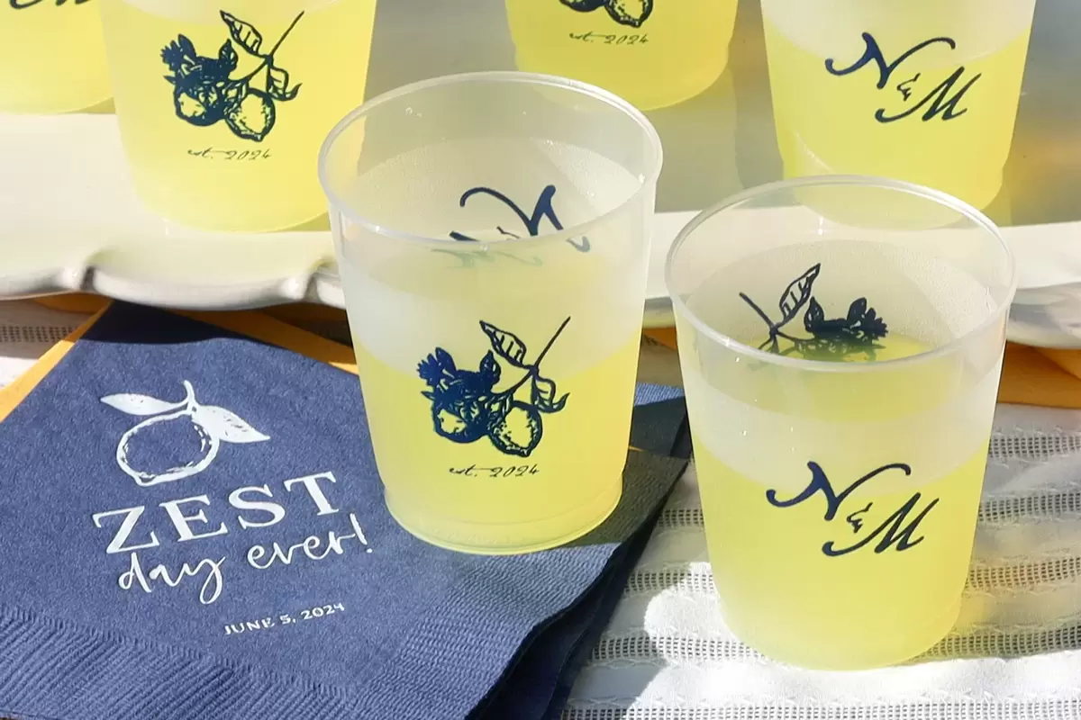 custom cups and personalized cocktail napkins
