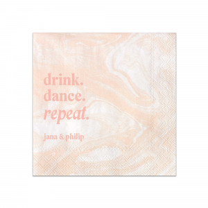 Keep the party alive with the Drink, Dance, Repeat, Napkin, emblazoned with bold letters above the couple's names. This custom party accessory is a spirited choice to encourage a night filled with fun and dance at your wedding.